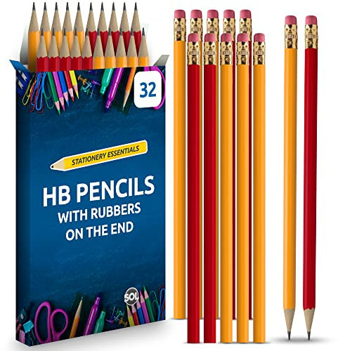 SOL 32pk HB Pencils with Erasers, Strong Graphite Lead for Smooth Writing and Drawing, Eraser-Tipped Design for School, Office, Art, Sketching and Everyday Use