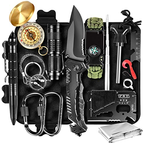 BACROOM 14 in 1 Survival Kit, Professionelles Notfall Survival Kit mit Klappmesser, Taschenlampe, Survival Ausrüstung für Outdoor Camping, Abenteuer, Wandern, Jagen, Angeln, Männer, Väter