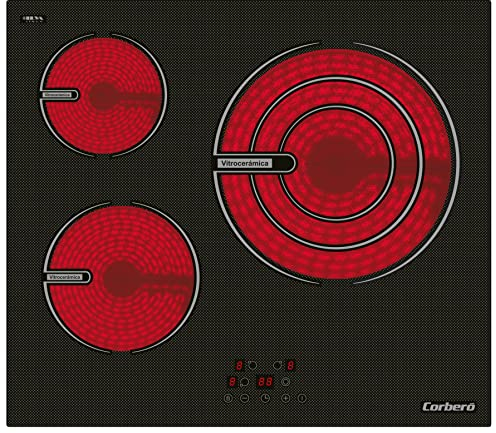 Corberó - Placa Vitrocerámica 60 cm | CCVG8322 | Potencia 5700W | Control Touch | Zona Grande 30 cm | Temporizador 99 Min | 9 N. Potencia | Bloqueo de Seguridad | 3 Zonas, Negro, Vitrocerámica