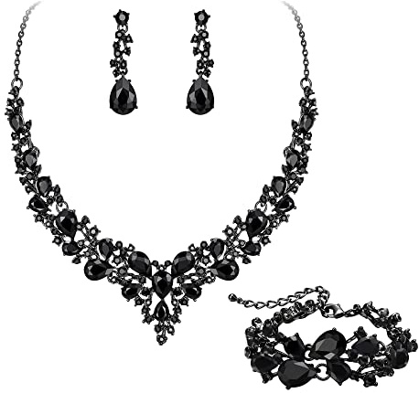 EVER FAITH Statement Halskette Ohrringe und Armband Set für Damen österreichische Kristall Tropfen Cluster Schmuckset Schwarz Schwarz-Tone