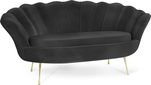 WFL GROUP Samt Muschel Sofa mit Golden oder Silber Metallbeinen - Weicher 2-Sitzer Couch für Wohnzimmer - Elegant Polstersofa Muschelform - Soft Cloud Set - Golden Beinen - Schwarz