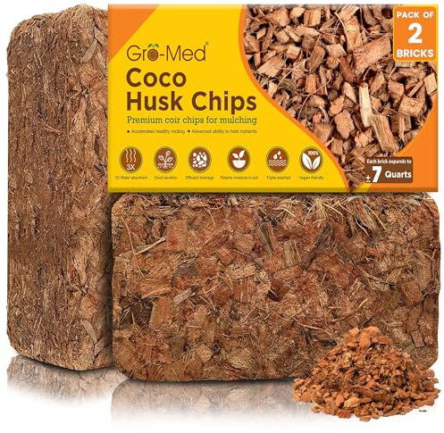 Gro-Med Coco Husk Chips 2s Brick Expands Upto 14 Quarts Coconut Coir Chip 2.2lb, Perfect for Plants, Gardening, Potting Soil Mix, Orchid Bark Alternative-OMRI Certified, Low EC, Balanced pH