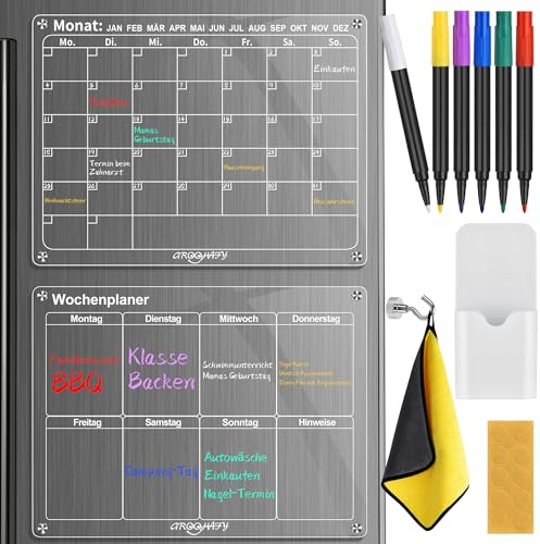 GROOHAFY 2 Stück Magnetisch Wochenplaner und Monatsplaner Abwischbar AUF DEUTSCH, Acryl Kalender Magnettafel Kühlschrank Familienplaner Essensplaner Planungstafeln Haushaltsplaner To Do Liste 40x30 cm