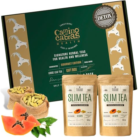 SLIM TEA Coffret Cadeau - Tisane Detox Foie, Draineur - Retention d'eau Drainant Puissant - The Vert, Blanc, Pissenlit, Maté, Gingembre, Ortie, Hibiscus, Tulsi, Papaye, Cardamome, Thé en Vrac 2x 100g