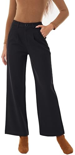 Fakanhui Pantaloni da donna in misto lana, caldi, gamba larga, vita alta, pantaloni casual da lavoro, Nero , XL