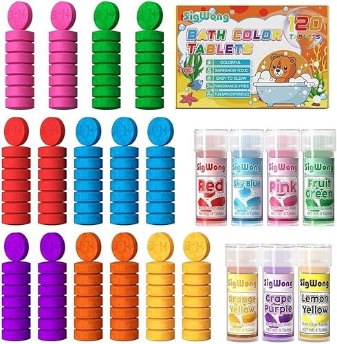 Badebomben Tabletten - 120 Stück Lebensmittelqualität Badefarben für Kinder Badewanne, 7 Farben Badesalz Kinder Badekugeln, Kreieren Sie lustige, Frei von Duftstoffen, Badespass für Kinder