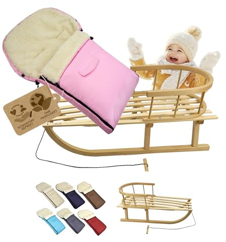 KOMBI-erbjudande träsläde med ryggstöd och dragrep universell vinteråkpåse (90 cm), även lämplig för babystol, barnvagn, buggy, av ull UNI (rosa)
