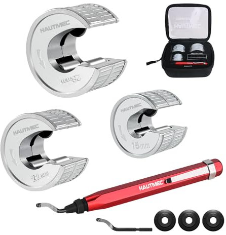 HAUTMEC Copper Pipe Cutter Set 3 PCS Tube Cutter Plumbing Tools, in Portable Storage Case, Includes 15mm.,22mm., and 28mm Pipe Cutters, Reaming Pen, 3 Spare Cutting Wheels, 1 Spare Deburring Blade