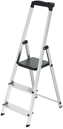 WERKA PRO Escabeau en Aluminium 3 Marches Pliable et Léger pour Usage Domestique et Professionnel avec Plateforme Antidérapante et Poignées de Sécurité - Taille Standard - Argenté