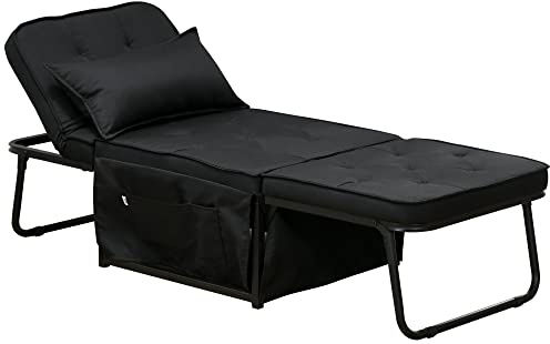 HOMCOM Poltrona trasformabile 1 posto poltrona letto chaise longue 4 in 1 con schienale reclinabile a 5 livelli, poggiapiedi pieghevole, cuscino removibile e tasche, per ospiti, soggiorno, nero