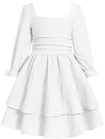 JiAmy Vestidos para niñas, cuello cuadrado, manga larga, fruncido, espalda fruncida, vestido de doble capa con volantes, Blanco, 11-12 años