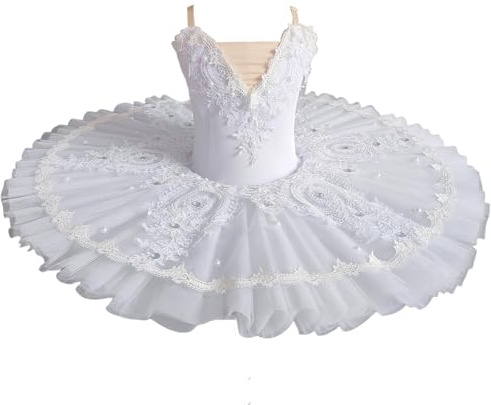 Tutu De Ballet Filles Robe De Ballerine Costume De Danse du Lac des Cygnes pour Enfants pour Compétition Et Fête,Blanc,160