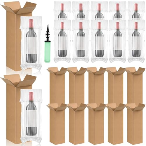 MSYU Il kit da 24 pezzi include 12 scatole di spedizione per bottiglie di vino, 12 sacchetti protettivi da viaggio per bottiglie, scatole ondulate, borse gonfiabili con pompa gonfiabile per trasporto