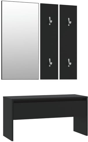 CIOURSTO Hallway Furniture Set – Engineered Wood Construction, Mirror, Coat Rack Panels, Multipurpose Bench with Storage Drawer (Black)