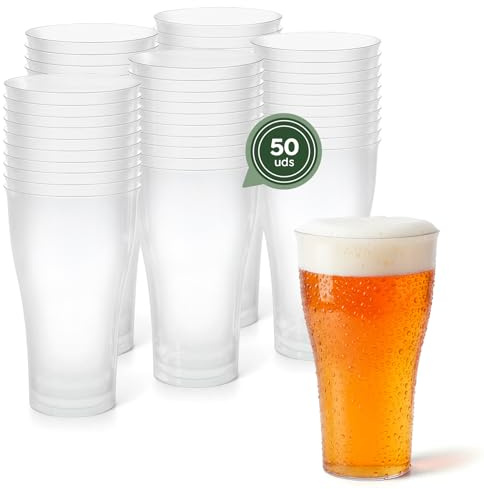 Maxi Products - 50 unidades - Vasos Pinta Plástico Reutilizables Transparentes - 450 cc - Vasos Reciclables - Fiestas, Terrazas, Eventos y Celebraciones - Apto Bebidas Frías - Vaso Duro Resistente