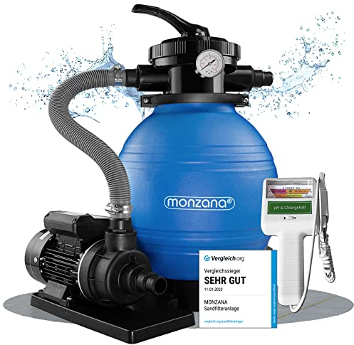 MONZANA® Sandfilteranlage Pool Selbstansaugend 10.200L/h 450 Watt 2in1 Adapter Ø32mm - 38mm Wassertester Ph Chlor 7-Wege Sandfilterpumpe Poolfilter Filteranlage