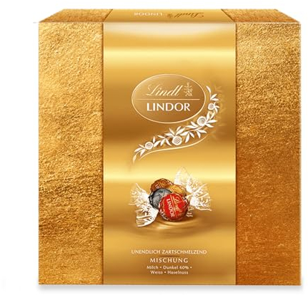 Lindt Schokolade LINDOR Präsent Box Mischung | 187 g | Ca. 15 Kugeln in den Sorten Vollmilch, Dark 60%, Haselnuss und Weiß in festlichem Design | Pralinengeschenk | Schokoladengeschenk