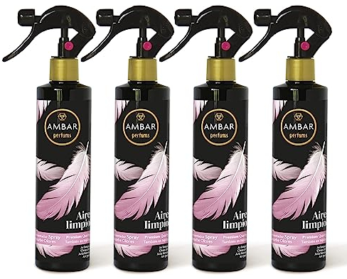 Ambar Perfums - Ambientador Spray Absorbe Olores Aire Limpio Especial Tejidos, ¡No mancha! Pack de 4 uds de 280 ml.