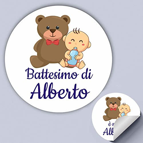 Mr Pubblicità 50 Tag Adesivi personalizzati per nascita, battesimo, compleanno, PERSONALIZZALO QUI con nome, frase, data, etichette adesive , scatolini, sacchetti, bomboniere(Orsetto e Baby Maschio)