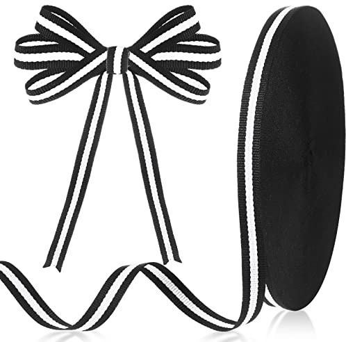 Eowppue Nastro grosgrain in poliestere a righe bianche e nere da 45 m, ideale per matrimoni, bomboniere, bouquet, decorazione torte, larghezza 9,5 cm