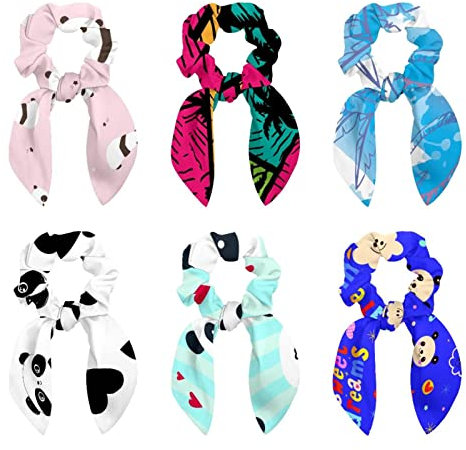 6 Pcs Hair Scrunchies - Palm Trees in Colorful Geometry Hair Scarf Scrunchy with Ribbon Bow, Elastic Hair Ties Ponytail Holders for Women Teenage Girls