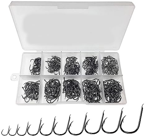 CRLLDPM Angelhaken, 100 STK Kohlenstoffstahl Angelhaken in 10 Größen mit Widerhaken und Öse, Angelzubehör mit Kunststoffbox