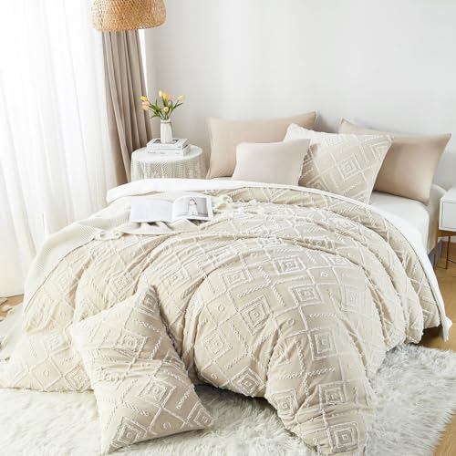 Lanqinglv Getuftet Bettwäsche 135x200cm 4Teilig Beige Boho Stickerei Vintage Wendebettwäsche Set aus Microfaser Shabby Chic Bohemian 2 Bettbezug mit Reißverschluss und 2 Kissenbezug 80x80cm