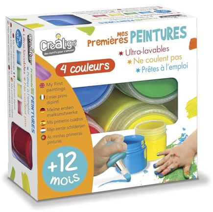 Créa Lign | Mes 1ères Peintures 12 mois+ | Coffret 4 Pots 80 ml (Rouge, Vert, Bleu, Jaune) | Lavable, Non Coulante | Activité Créative pour Bébés et Tout-Petits