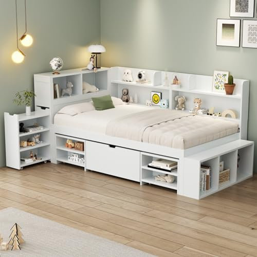 Aoskem Bett 90x200 cm Einzelbett Kinderbett mit Stauraum, Schubladen Bücherregal Stauschrank, Stauraumbett Bettgestell mit Lattenrost, Funktionsbett Holzbett Flachbett Jugendbett, Ohne Matratze, Weiß