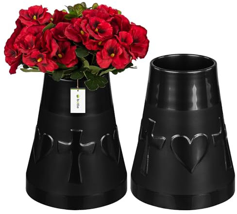 2 jarrones de cementerio en forma de cono, lápida, decoración para tumba, jarrón de flores con corazón y cruz de decoración, 25,5 cm de alto, 11 cm de diámetro, composiciones de flores de grafito para