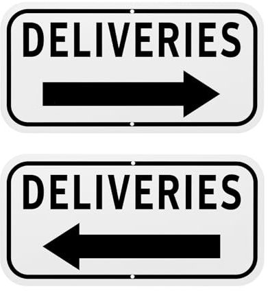 M METERXITY 2-Pack Deliveries Sign with Lift and Right Arrow, 12 x 6 Rust Free Aluminum Front Door Sign Deliveries Instructions for Package for Home/Office [Black on White]