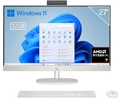 HP 27-ct2003ss - Ordenador de 27 Full HD con Cámara, Teclado y Ratón Inalámbricos (AMD Ryzen AI 7 350, 32GB RAM, 1TB SSD, AMD Radeon Graphics, Windows 11) Blanco - Teclado QWERTY Español