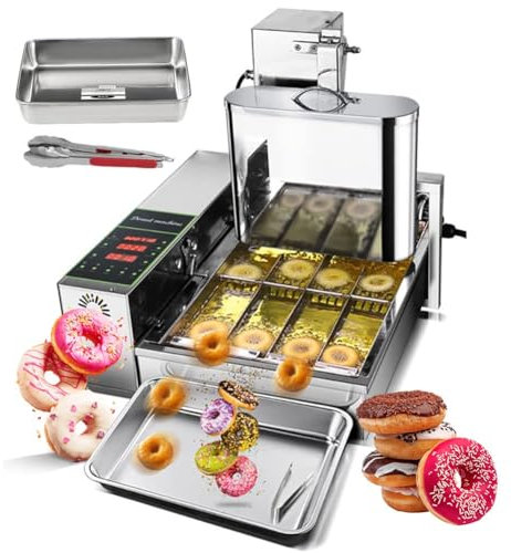 XRSMOU Macchina per La Produzione di Ciambelle Commerciali, Mini Macchina per Ciambelle a 4/6 Righe, con Pannello di Controllo Intelligente, Capovolgimento Automatico, Spessore Regolabile (4row)