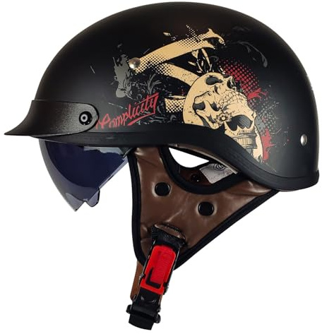 VVPEC Vintage tysk motorcykelhalvhjälm, ECEDOT-godkänd öppen hjälm, retro halvskalshjälm med justerbart snabbspänne och solvisir for vuxna män kvinnor(13,XL=61~62cm)