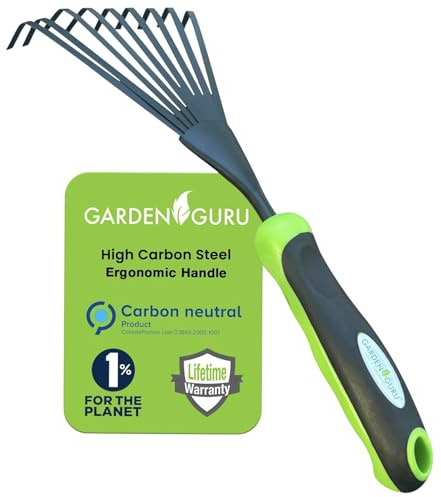 Garden Guru Hand Rake Soil Tiller Tool with Ergonomic Handle – Strong Carbon Steel - Rust Resistant – Great for Gardening, Cultivating, Loosening Soil & Spreading Mulch, Raking Flower Beds
