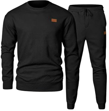 Elegancity Men's Crew Neck Sweatshirt Tracksuit Mens 2 Piece Outfits Long Sleeve Textured Hoodie Jumper & Joggers with Pockets,Black L