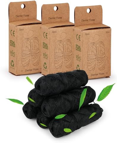 Hilo dental ecológico de 6 x 30 m, encerado sin plástico, con candelilla, 6 bobinas para rellenar, hilo dental sostenible, carbón activo de bambú, vegano (180 m)