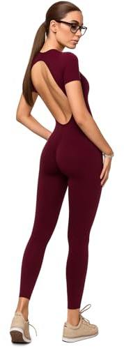 INSPIRADORA Romper â Short Sleeve Bodysuit Open Back Jumpsuit â Compression Bodysuit for Workout Set, Yoga & Athleisure (Burgundy, S)