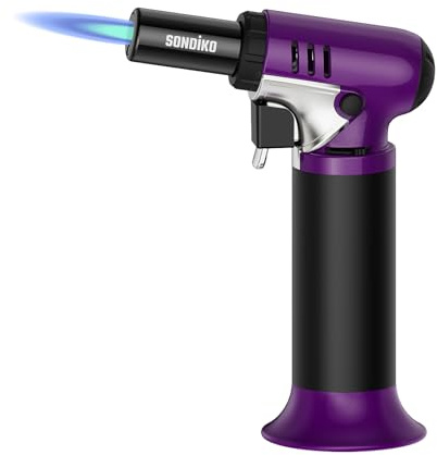Sondiko Bruciatore da Cucina Pro S907, Bruciatore a Gas Ricaricabile con Indicatore del Carburante, Fiamma Regolabile per Crème Brûlée, Bruciatore a Gas per Pasticceria, Viola&Nero(Butano Non Incluso)