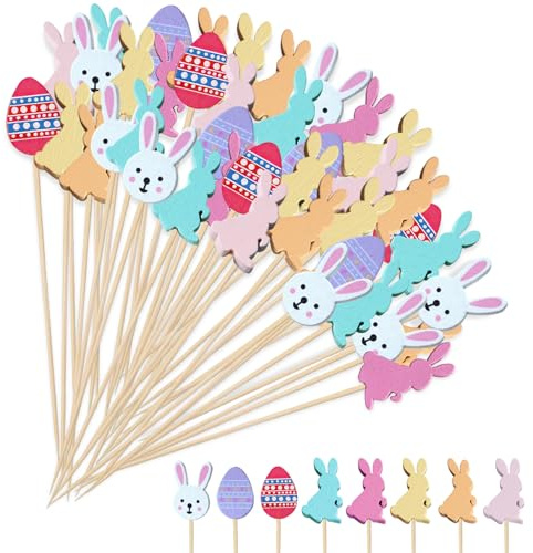 100 Piezas Palillos de Cóctel Pascua, Decoración para Cócteles, Brochetas de Madera, Palillos para Aperitivos 12 cm para Fruta, Tarta, Bebidas (B)