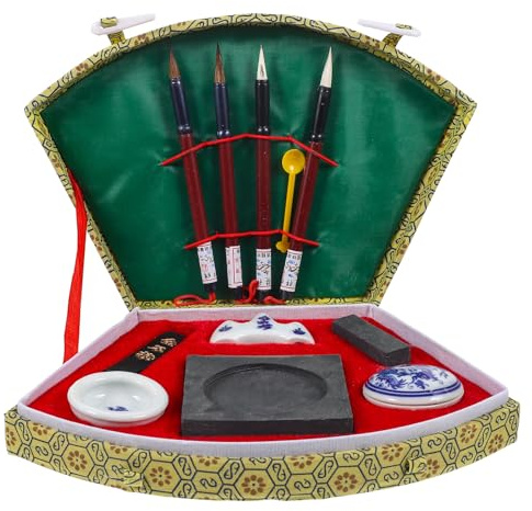 IWOWHERO Juego de Caligrafía China para Principiantes Pluma de Pincel China, Tinta Sólida y Papel de Caligrafía de Uso Diario, Kit Artístico Tradicional para Escritura y Pintura Sumi,