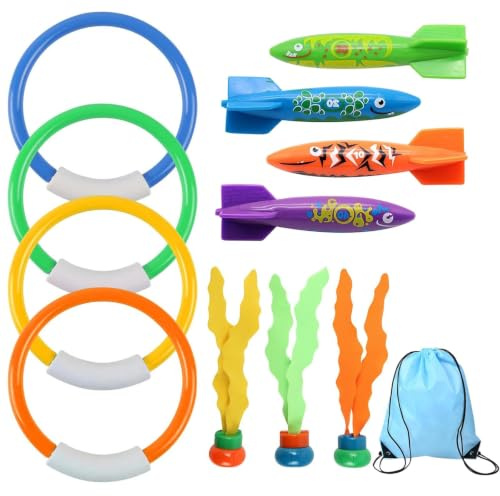 Neuytiky 11 Stück Unterwasser Tauchspielzeug Set, Tauchringe für Kinder AB 4-12, Tauchring Algenspielzeug Torpedo Wasserspielzeug Set, Poolparty Geschenk mit Aufbewahrungsbeutel