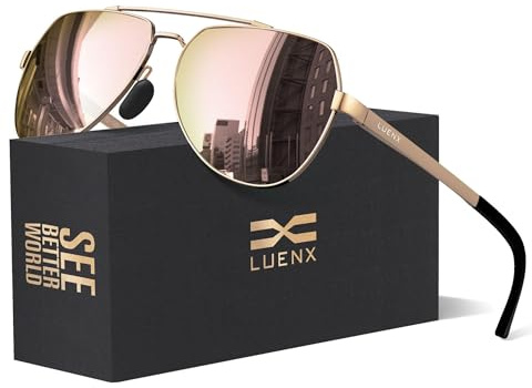 LUENX Aviator Sunglasses for Men Women Polarized New Shades Flexible Spring Hinge - UV 400 Protection,Pink Mirror Lens Rose Gold Metal Frame 59mm