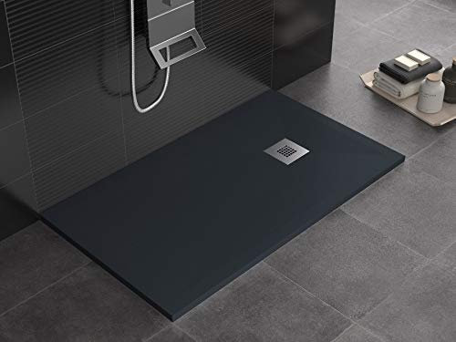 Plato de ducha de color antracita, con aspecto de piedra pizarra, 3 cm, revestimiento de gelcoat, antideslizante