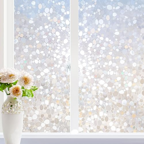rabbitgoo Window Privacy Film, Decorative Rainbow Window Clings for Glass Covering, Static Cling Non Adhesive Door Stickers UV Blocking, Stained Glass Vinyl Decal, 3D Pebble, 23.6 x 78.7 inches