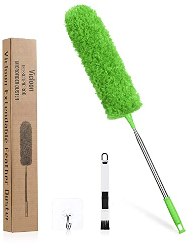 Vicloon Plumero de Limpieza, Plumero telescópico de 71cm-243cm, Microfibra Plumero con 2 en 1 Ranuras Cepillo de Limpieza, Atrapa y Bloquea el Polvo,para Ventanas Persianas Muebles Coche(Verde)