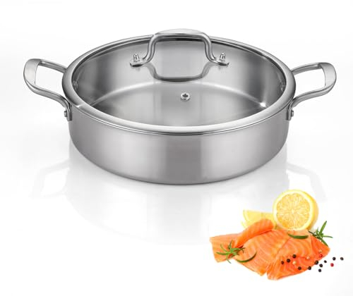 Yeksum Tri-Ply Stainless Steel Sauté Pan - 12 Inch Deep Frying Skillet, 6 QT Induction Cooking Pan, Dishwasher & Oven Safe