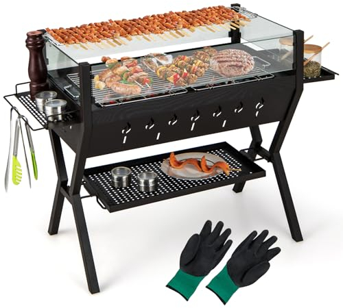 GOPLUS Barbecue Charbon de Bois avec Verre Coupe-vent pour s'Asseoir, 98 x 42 x 68 CM, Barbecue avec Grill et Supports d'Assaisonnement, 2 Zone BBQ Différent et Étagère de Rangement pour Pique-Nique