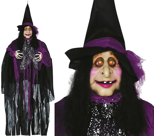 FIESTAS GUIRCA | Hexe Hängefigur mit Licht und Ton (120 cm) - Halloween Dekoration für Partys und Feiern - Ideal für gruselige Umgebungen und Schreckensszenarien - Grau und Schwarz