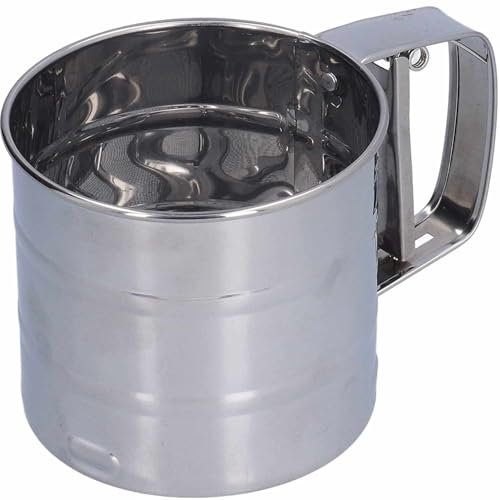 Tamizador de harina, Tamiz Harina, Tamiz Harinero, Colador de harina, Criba de harina, Tamiz de repostería, Diámetro 10.5 cm, Altura 9.5 cm, Capacidad 250 gr, acero inoxidable